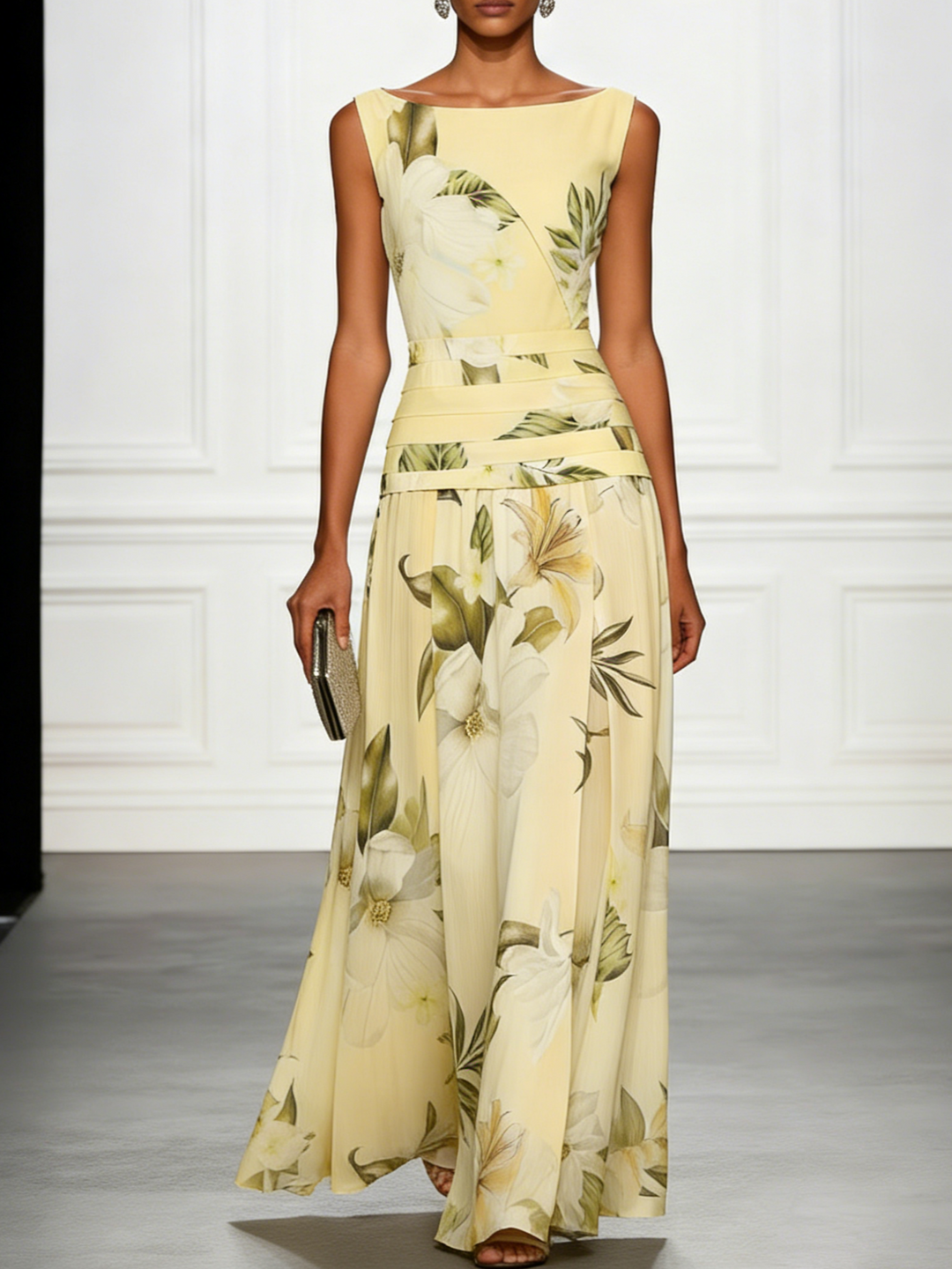 Elegant women's floral maxi dress, sleeveless boat neck for occasion wear.