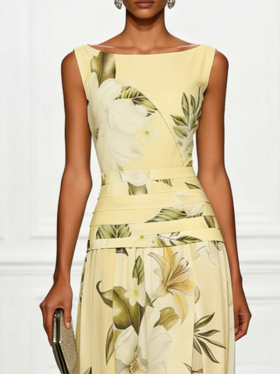 Comfortable flowy floral maxi dress, sleeveless with a stylish boat neck.