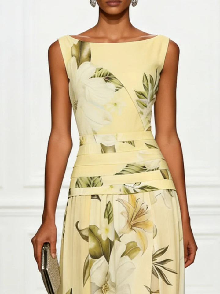Comfortable flowy floral maxi dress, sleeveless with a stylish boat neck.