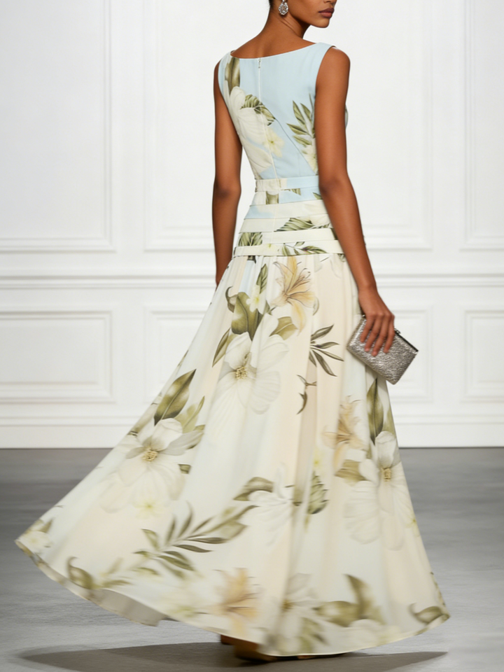 Elegant floral maxi dress with boat neck, ideal for wedding guests & garden parties.