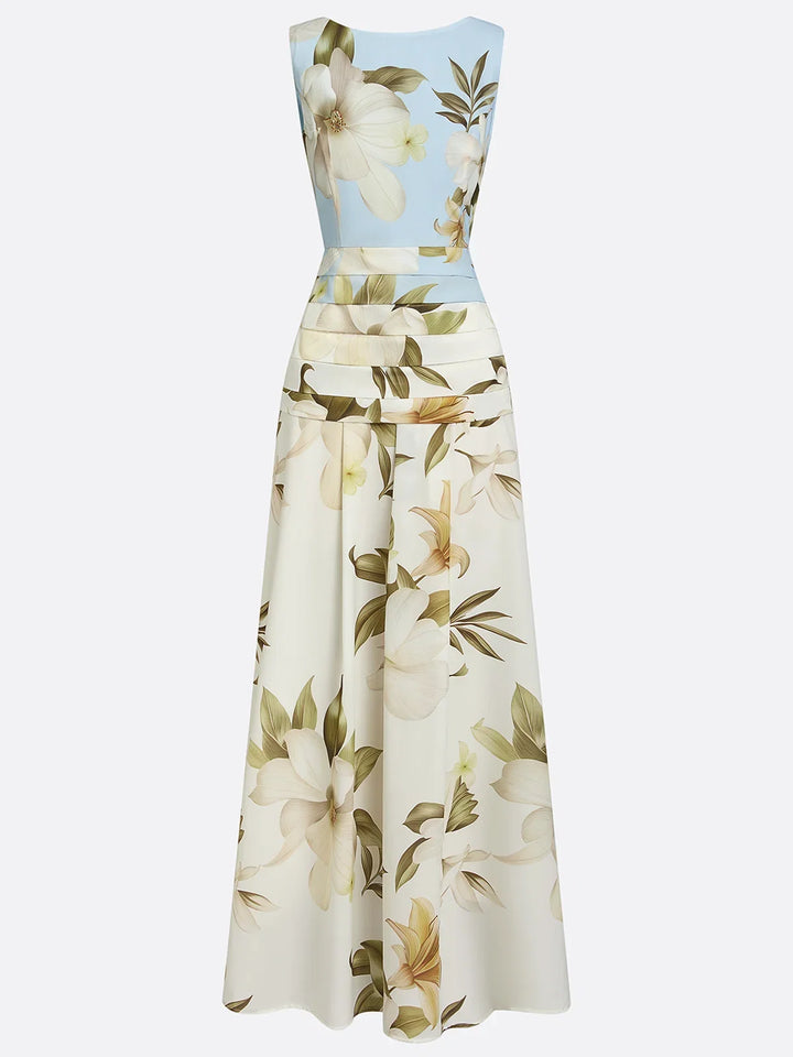 Botanical print maxi dress, sleeveless with a boat neck, elegant party wear.