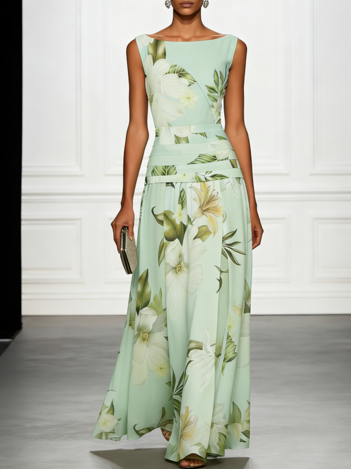 Beautiful floral boat neck sleeveless maxi dress, great for special occasions.