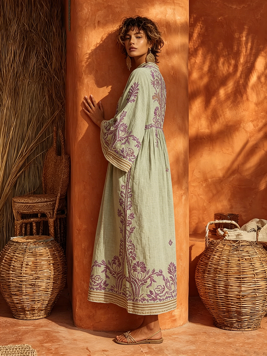 Elegant embroidered empire waist boho maxi dress for women, featuring a chic mandarin collar.