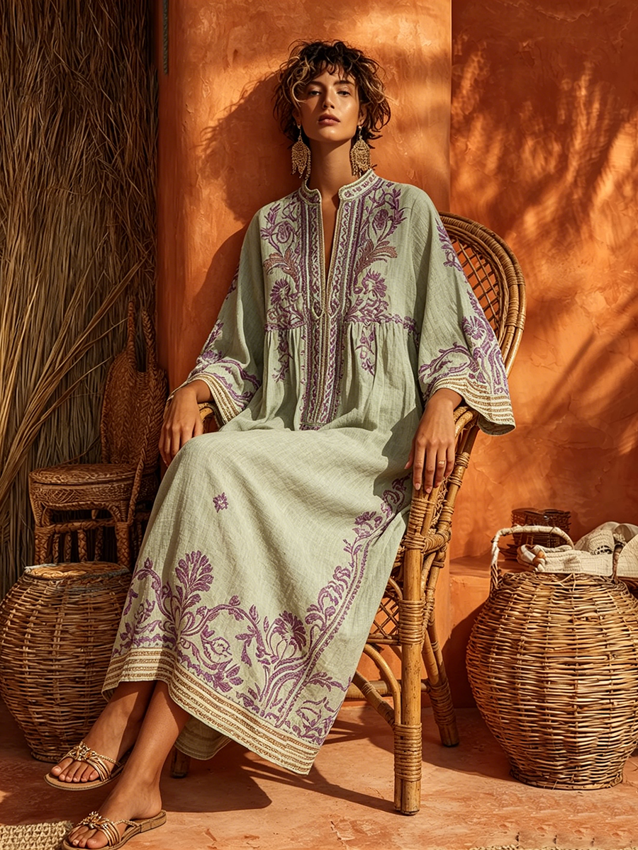 Casual chic women's floral maxi dress with flowing silhouette & mandarin collar, ideal for spring/summer.
