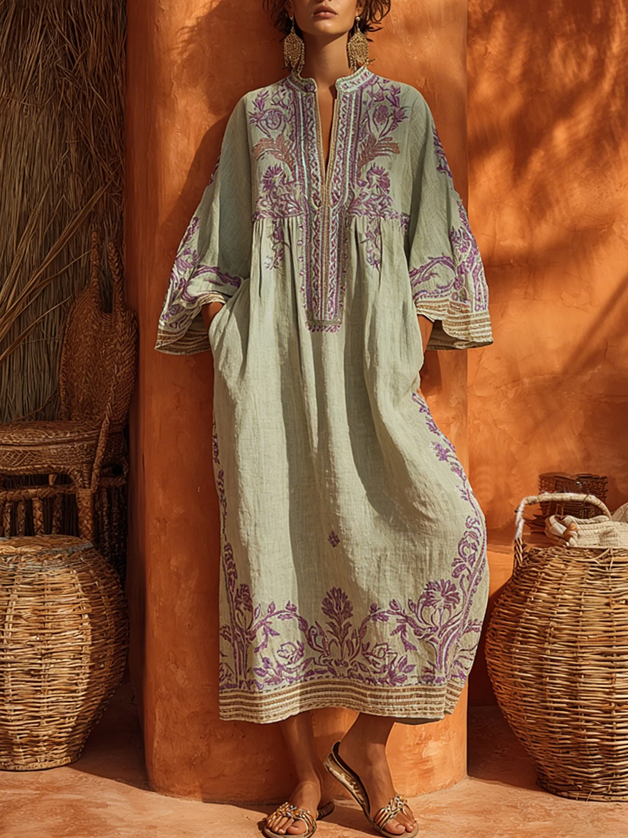 Vibrant floral boho maxi dress for women, featuring a mandarin collar and elegant summer vacation wear.