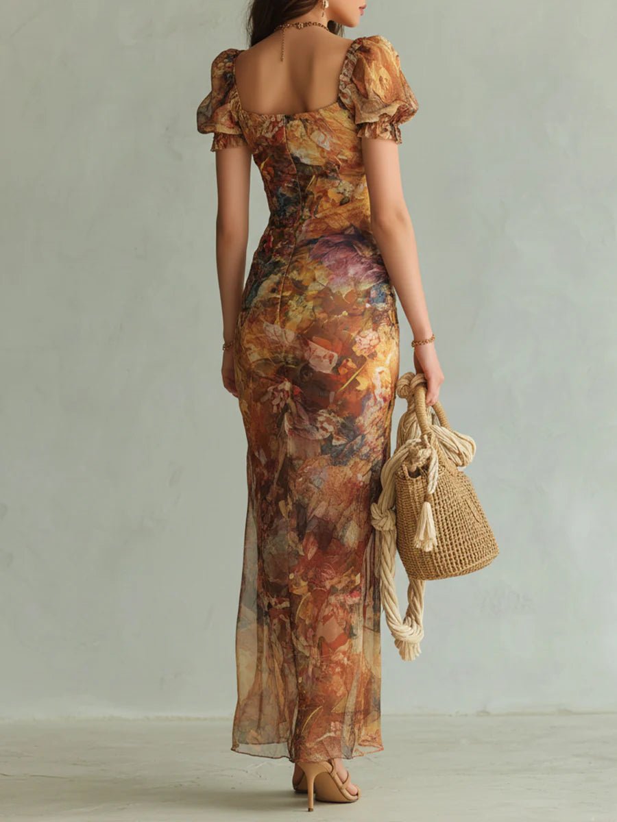 Elegant women's bohemian floral maxi dress with romantic ruffles and a sweetheart neckline, ideal for summer.