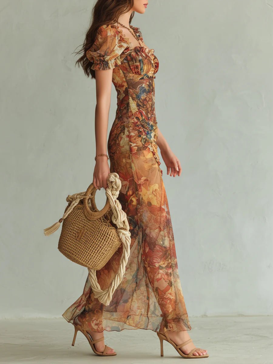 Bohemian floral maxi dress for women featuring a flattering sweetheart neckline, playful ruffles & a chic side slit.