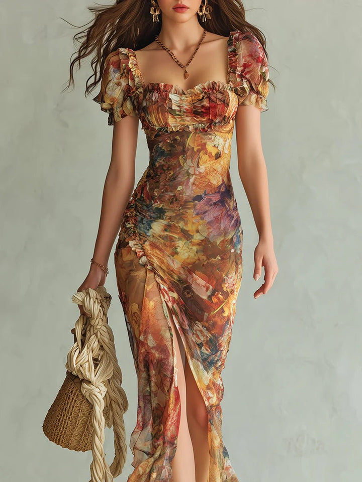 Long floral boho dress for women with a sweetheart neckline, romantic ruffles, and a stylish side slit, summer fashion.
