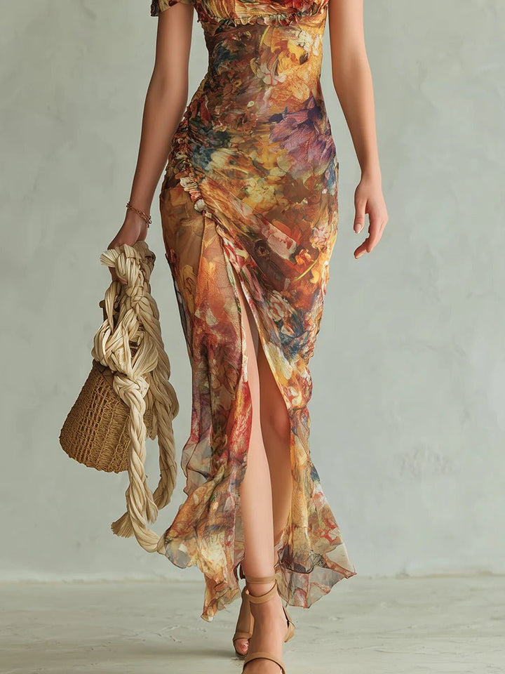 Chic women's floral boho maxi dress with a sweetheart neckline, elegant ruffles, and a seductive side slit for occasions.