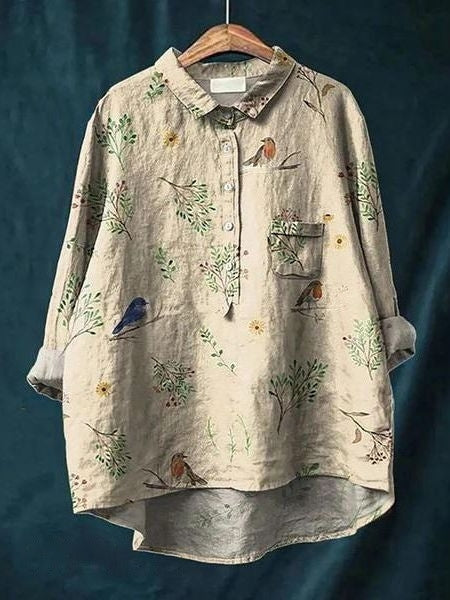 Comfortable long sleeve floral print blouse for women. Relaxed fit, button-up, suitable for plus sizes.