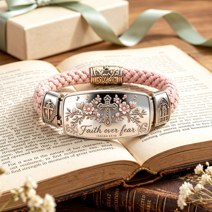 Women's floral cross bracelet with scripture engraving. Elegant faith jewelry, Isaiah 41:10, inspirational gift.