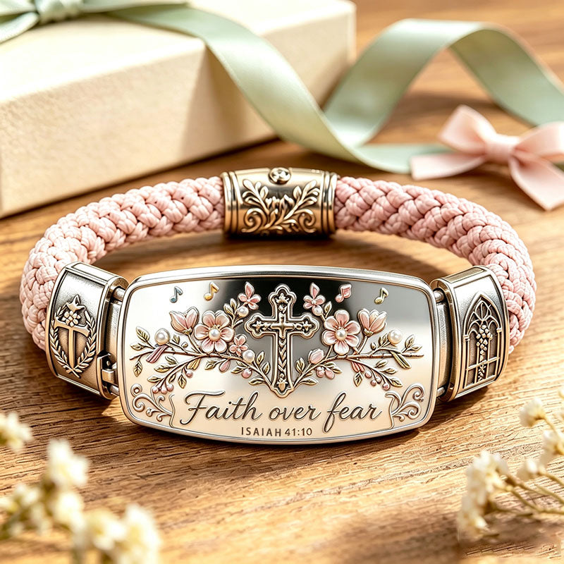 Christian floral cross bracelet for women, engraved with Isaiah 41:10. Beautiful daily wear religious jewelry.