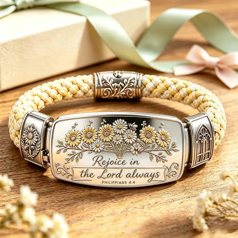 Delicate women's Christian bracelet, featuring a floral cross and scripture engraving. Meaningful devotional jewelry.