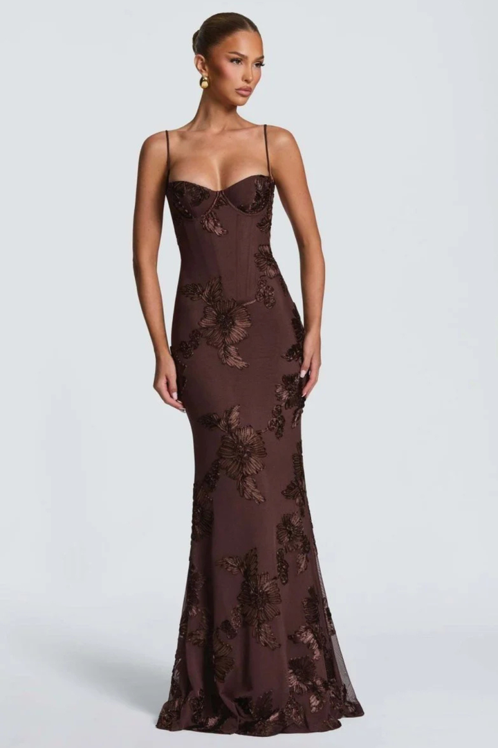 Wedding guest maxi dress: women's floral embroidered cami corset design, elegant & stylish.