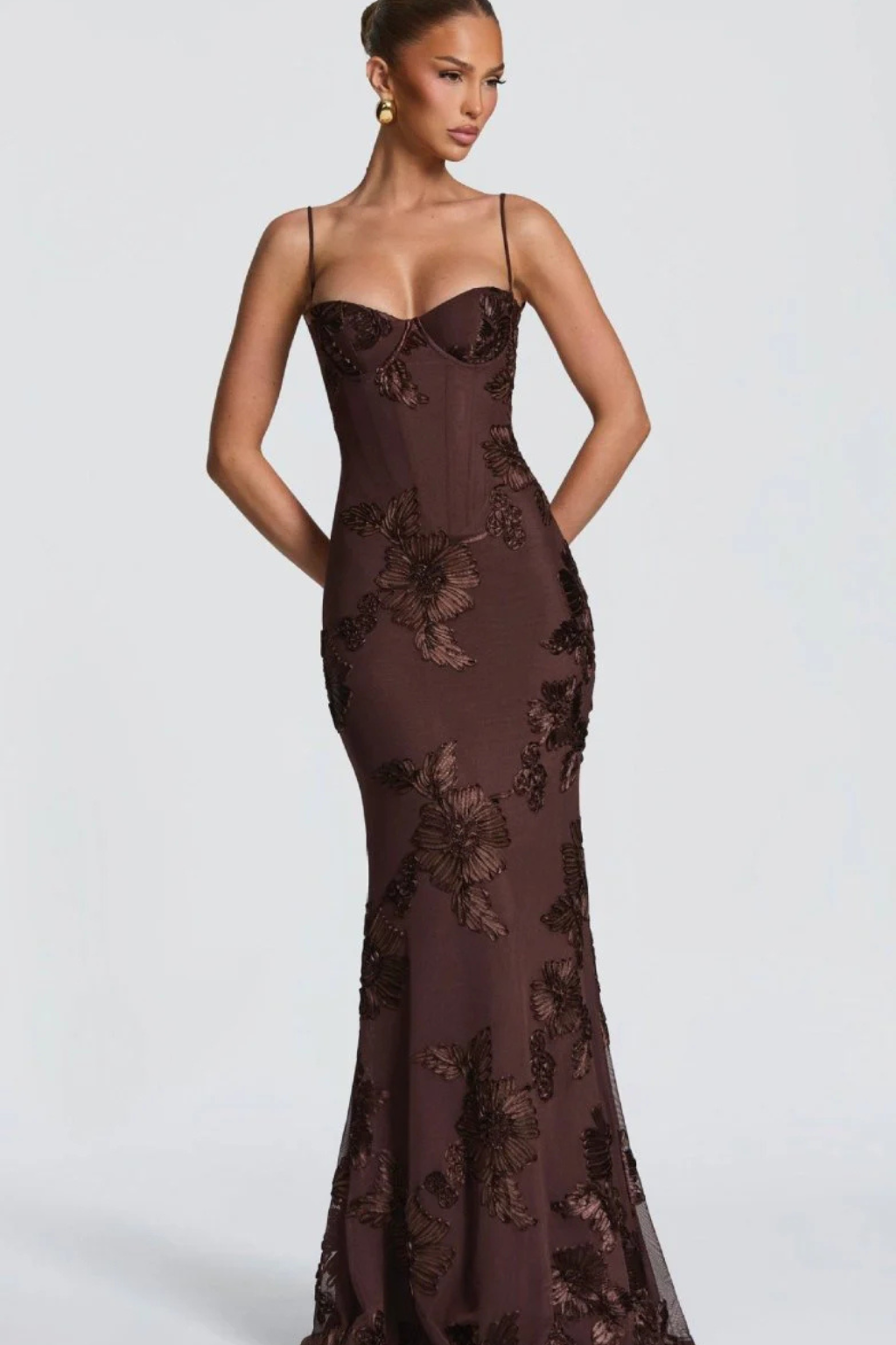 Corset cami maxi dress for women, with intricate floral embroidery, perfect for formal events.