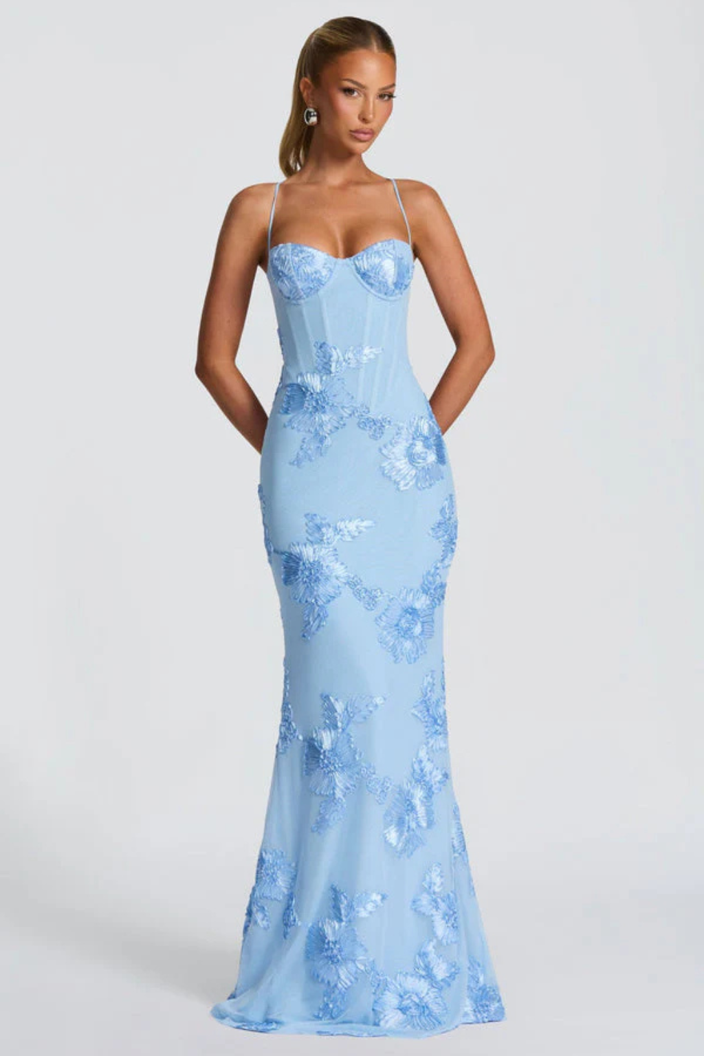 Elegant women's maxi dress with floral embroidery, corset cami design for formal occasions.