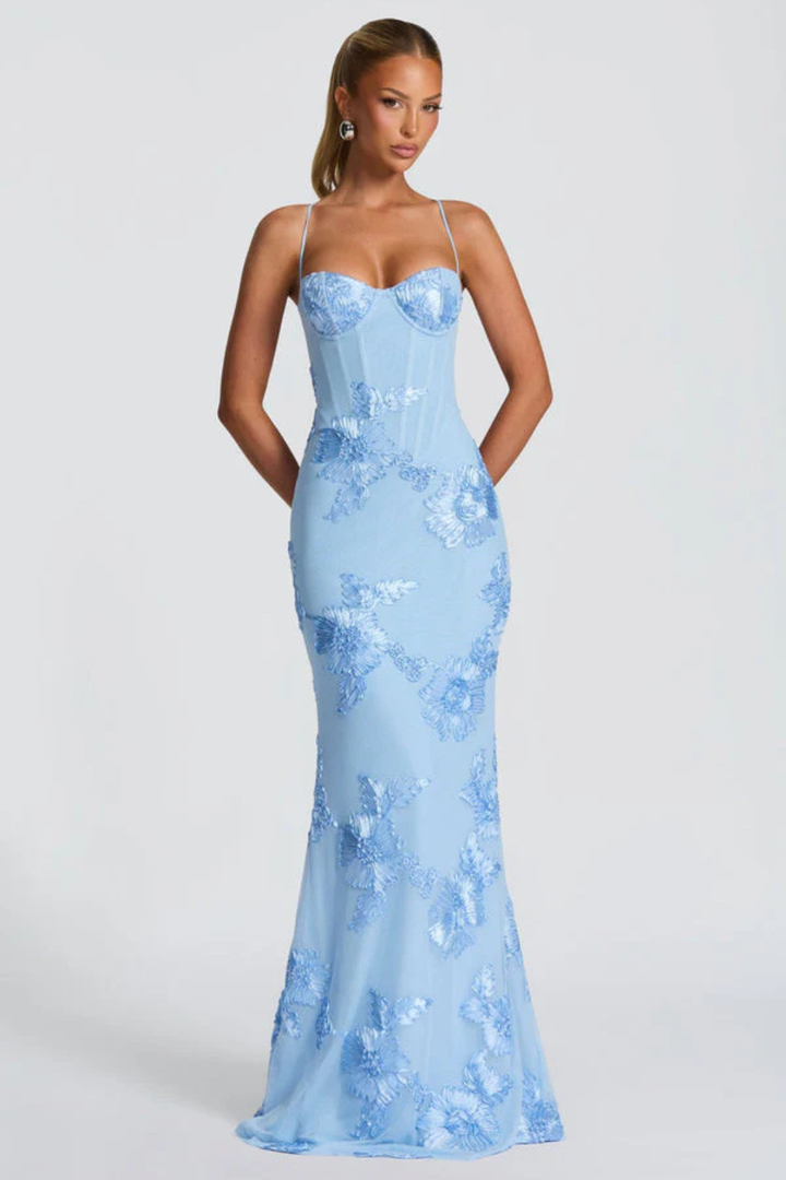 Elegant women's maxi dress with floral embroidery, corset cami design for formal occasions.
