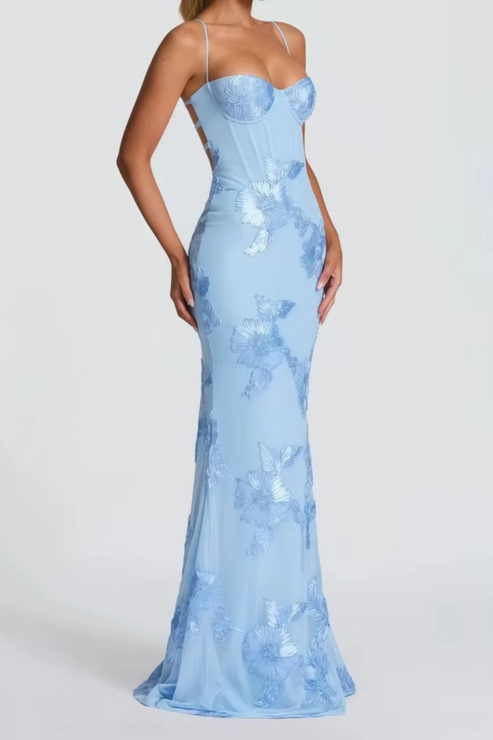 Special occasion maxi dress, women's floral embroidered corset cami, sophisticated look.