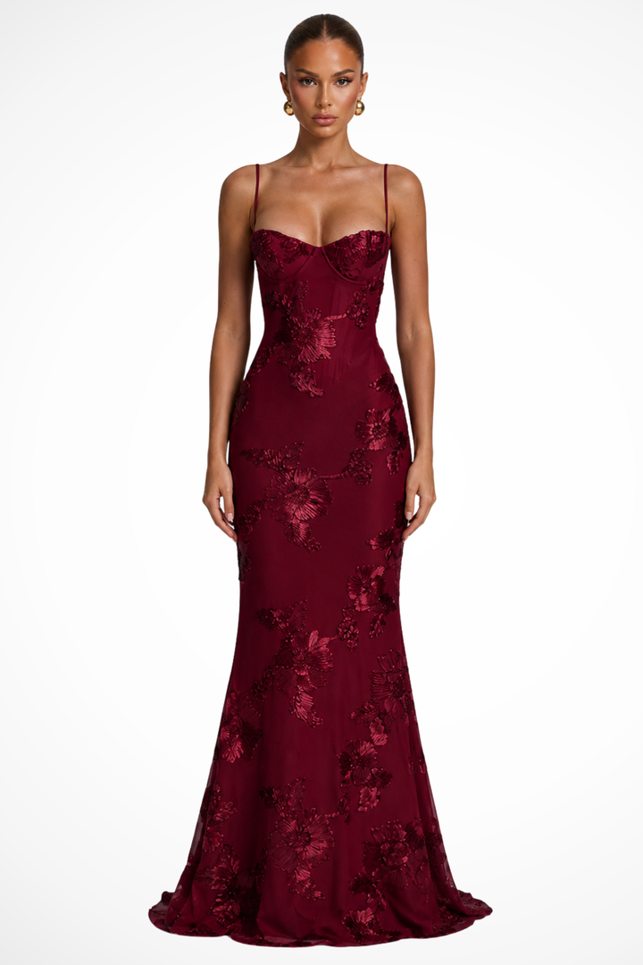 Evening maxi dress for women, featuring a floral embroidered corset cami design, very elegant.