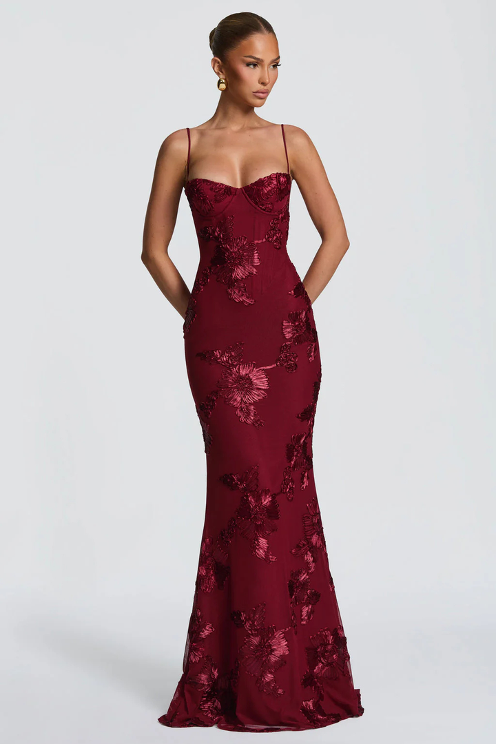 Beautifully embroidered floral maxi dress, women's cami corset style, perfect for a wedding.