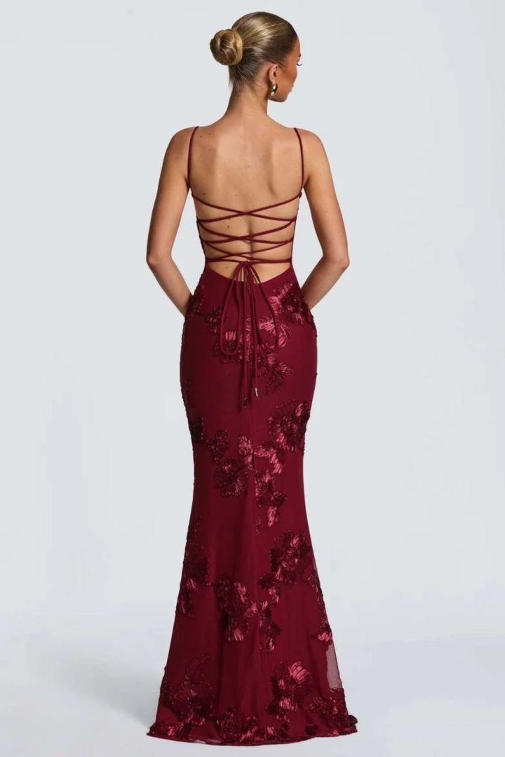 Women's elegant floral embroidered corset cami maxi dress, ideal for wedding guests.
