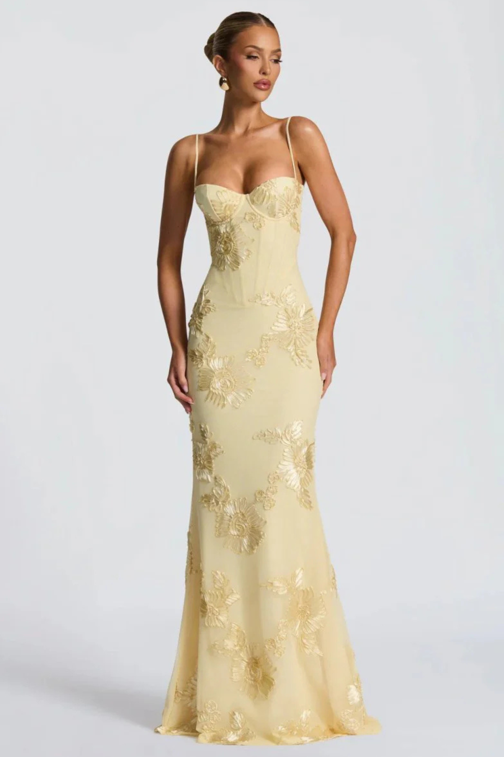 Formal wedding guest maxi dress, featuring floral embroidery and a corset cami design.