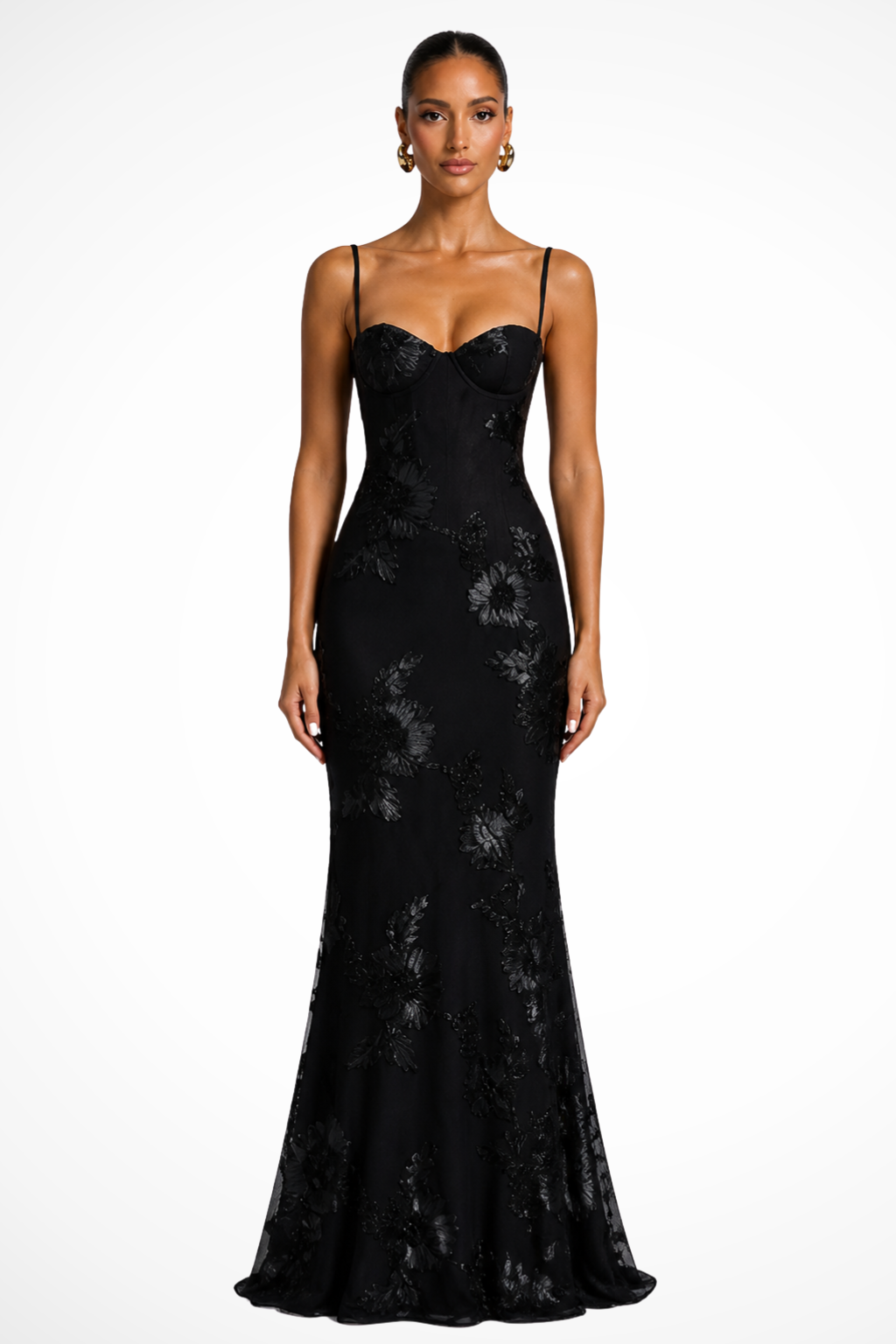 Women's elegant maxi dress with floral embroidery, corset bodice, and delicate cami straps.