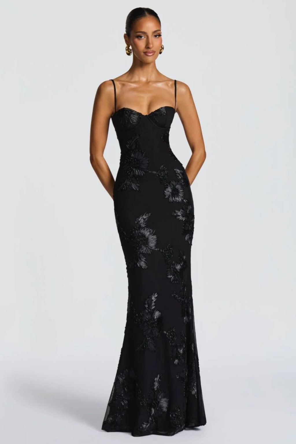 Beautiful floral embroidered cami corset maxi dress, a stunning choice for evening events.
