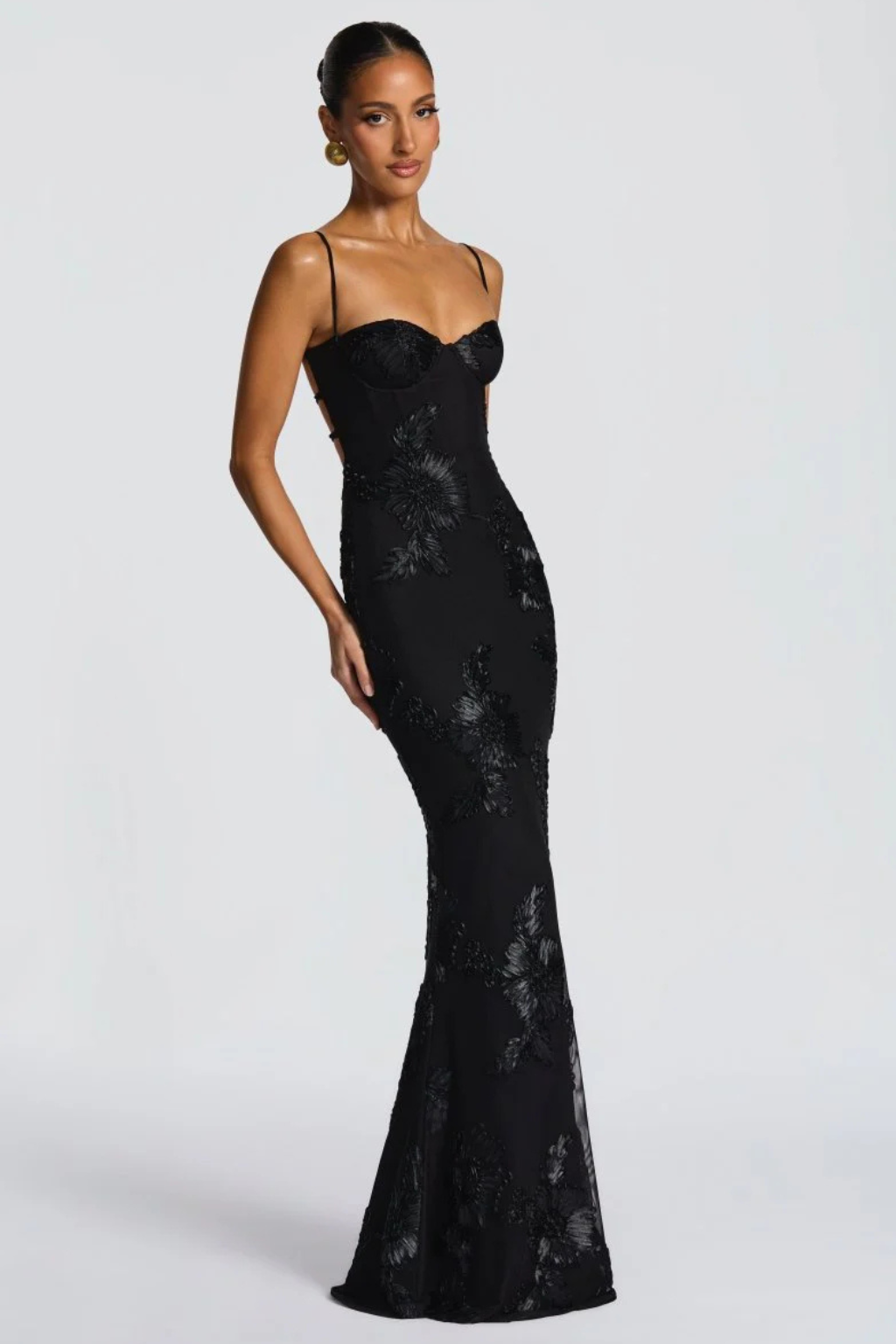 Women's formal floral embroidered maxi dress with corset cami, perfect for wedding guests.