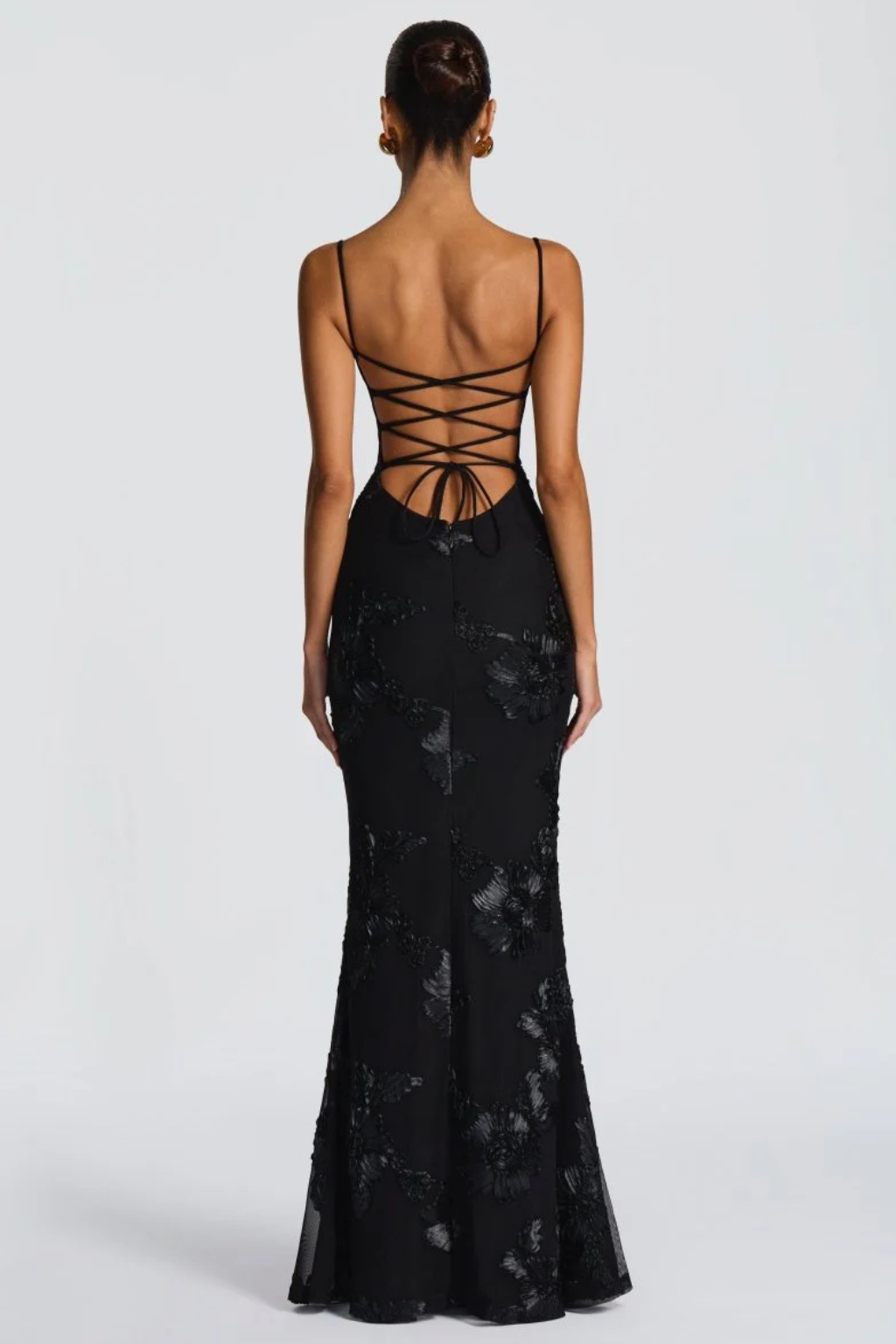 Elegant floral embroidered corset cami maxi dress, ideal for special occasions.