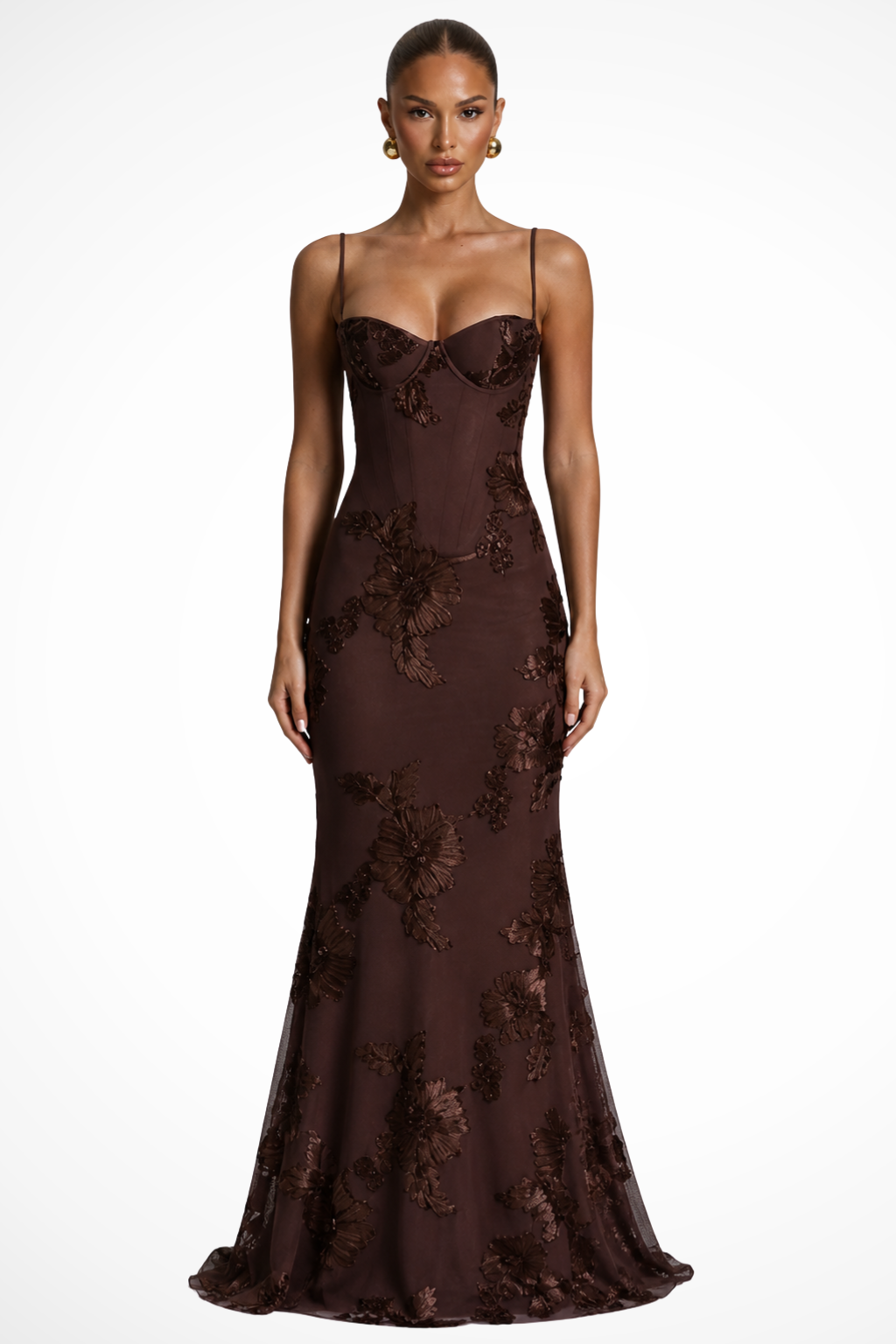 Cami maxi dress for women, featuring floral embroidery, a corset bodice, and elegant style.