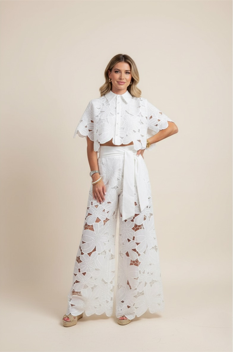 Women's floral embroidered wide-leg two-piece set, perfect for summer elegance and resort wear.