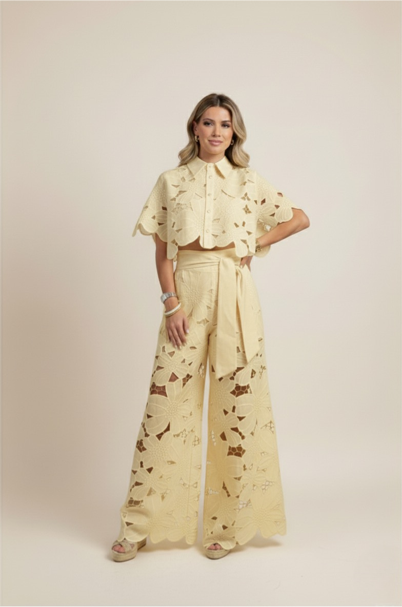 Stylish women's floral embroidered wide-leg co-ord set, versatile for summer and resort fashion.