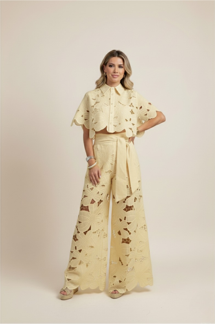 Stylish women's floral embroidered wide-leg co-ord set, versatile for summer and resort fashion.