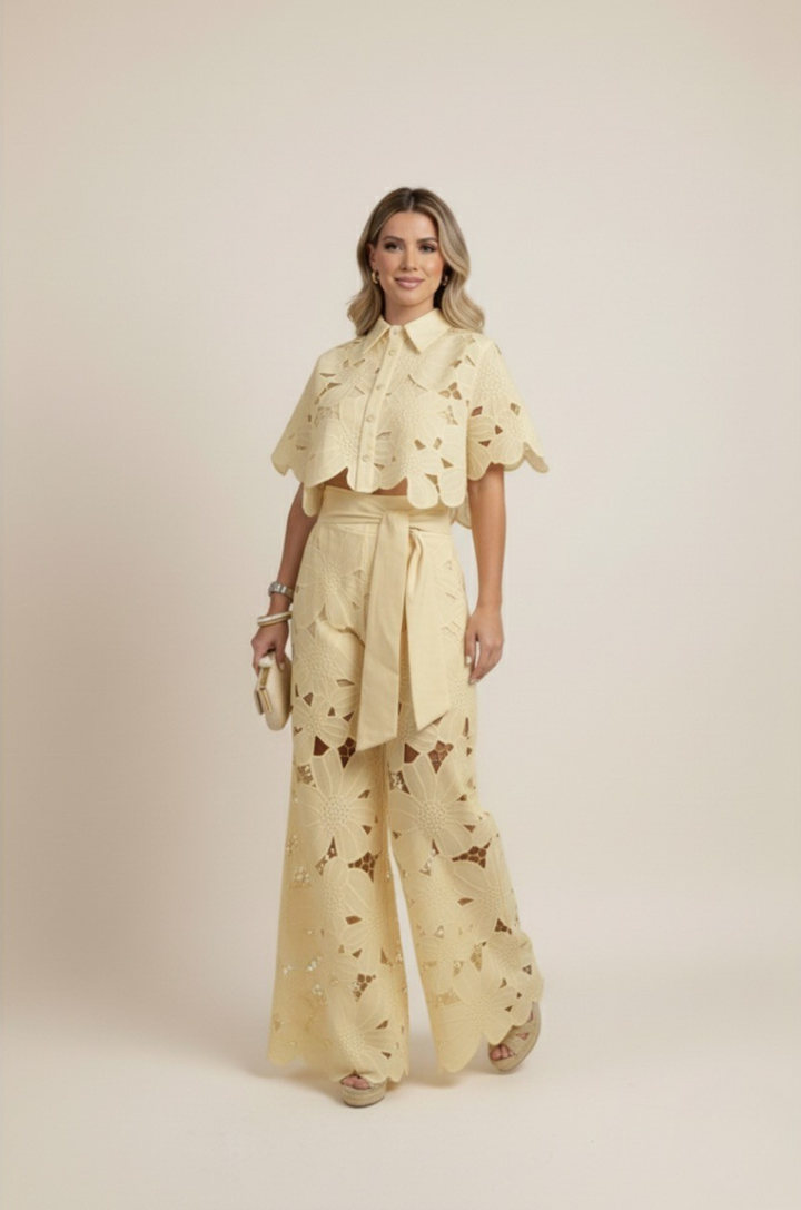 Lightweight floral embroidered wide-leg women's two-piece set for breezy summer days and elegance.