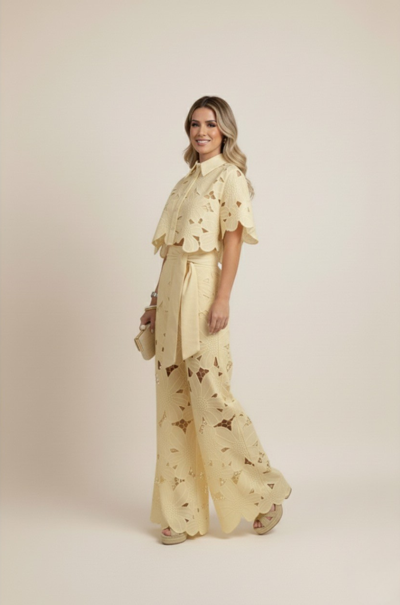 Women's elegant floral embroidered two-piece set, perfect for casual chic or resort wear style.