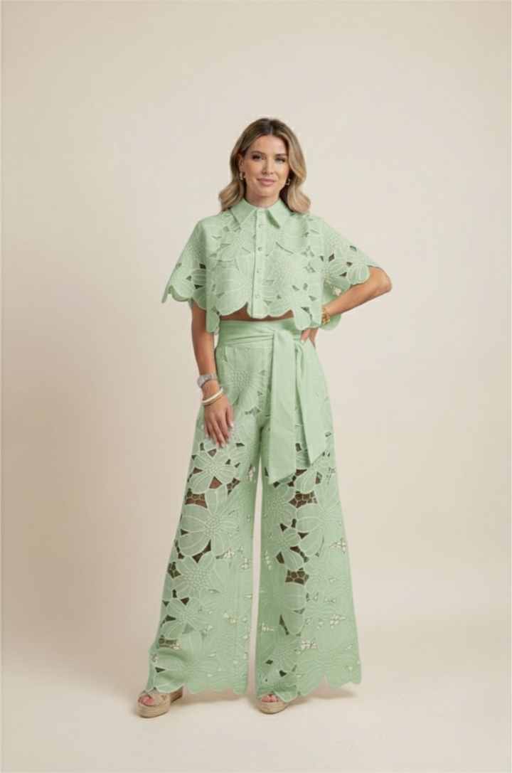 Women's floral embroidered two-piece set with wide-leg pants, a fashionable summer ensemble.