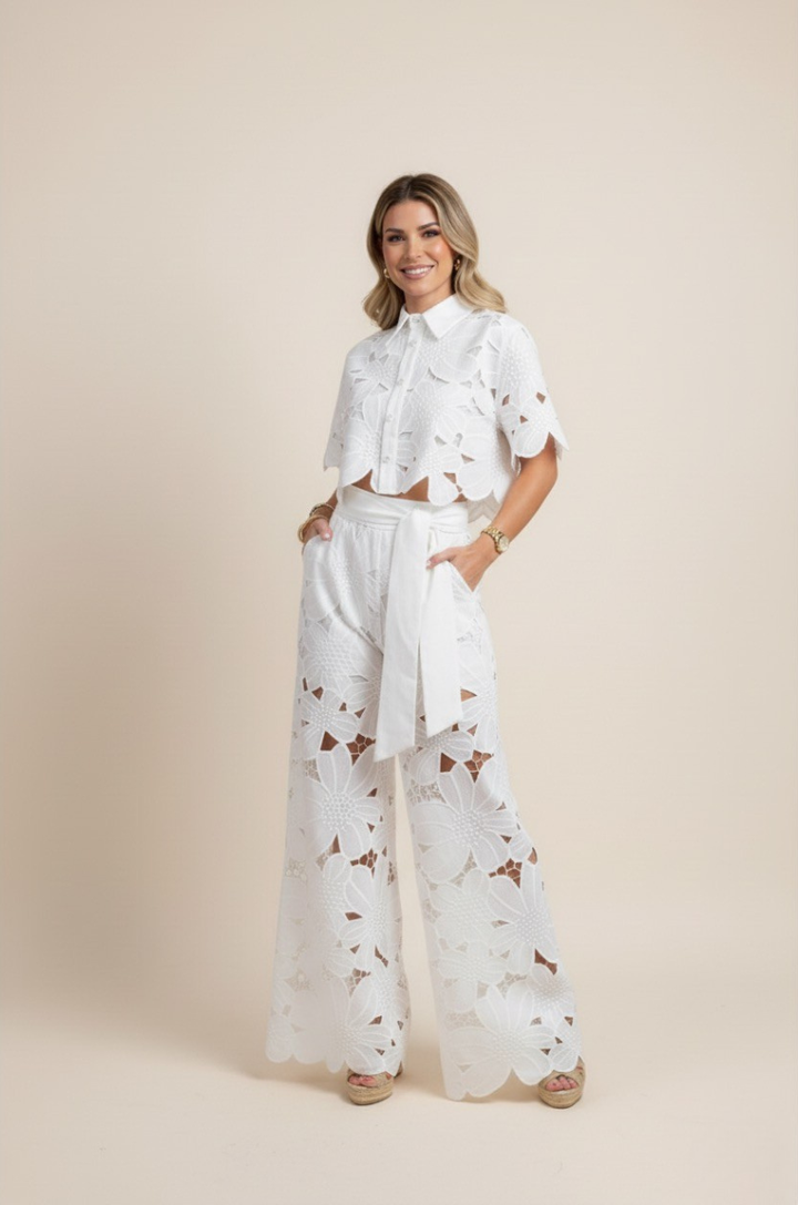 Chic women's co-ord set with embroidered florals and flowy wide-leg trousers for casual fashion.