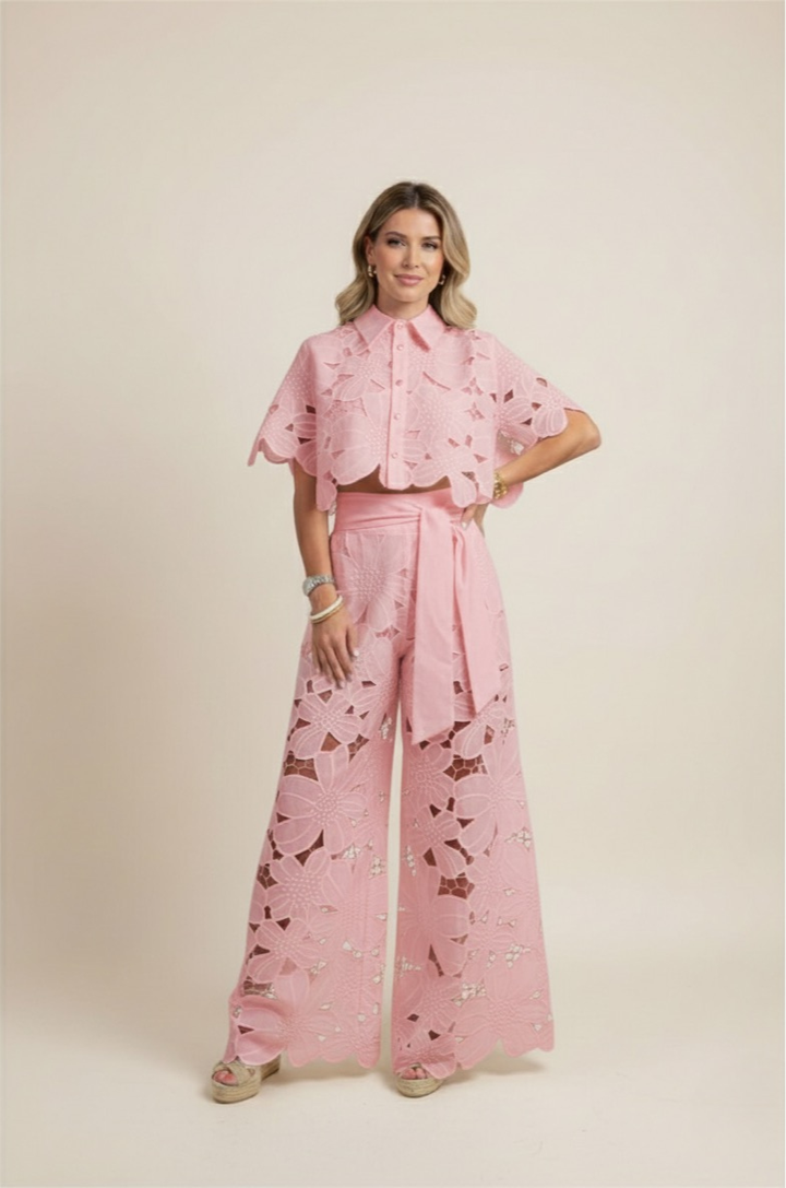 Casual chic women's two-piece with vibrant floral embroidery and flowy wide-leg pants for summer.