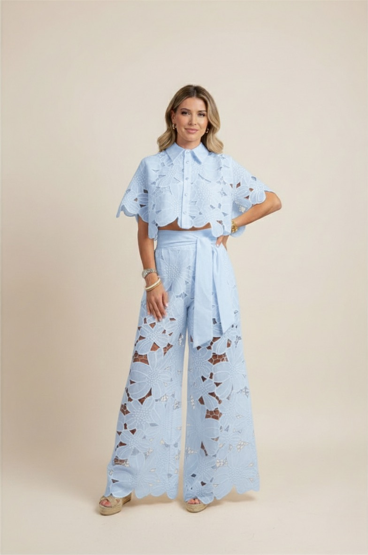 Flowy wide-leg floral embroidered women's co-ord set, offering comfort and chic summer style.