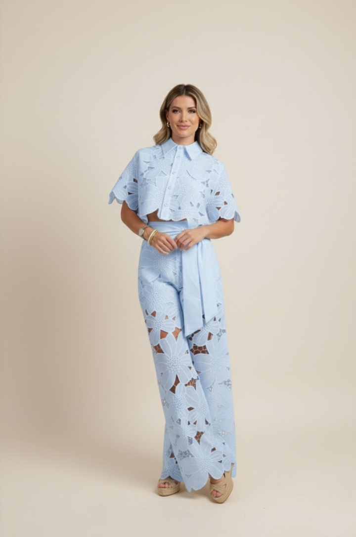 Bright floral embroidered wide-leg women's two-piece set, a must-have for stylish summer outfits.