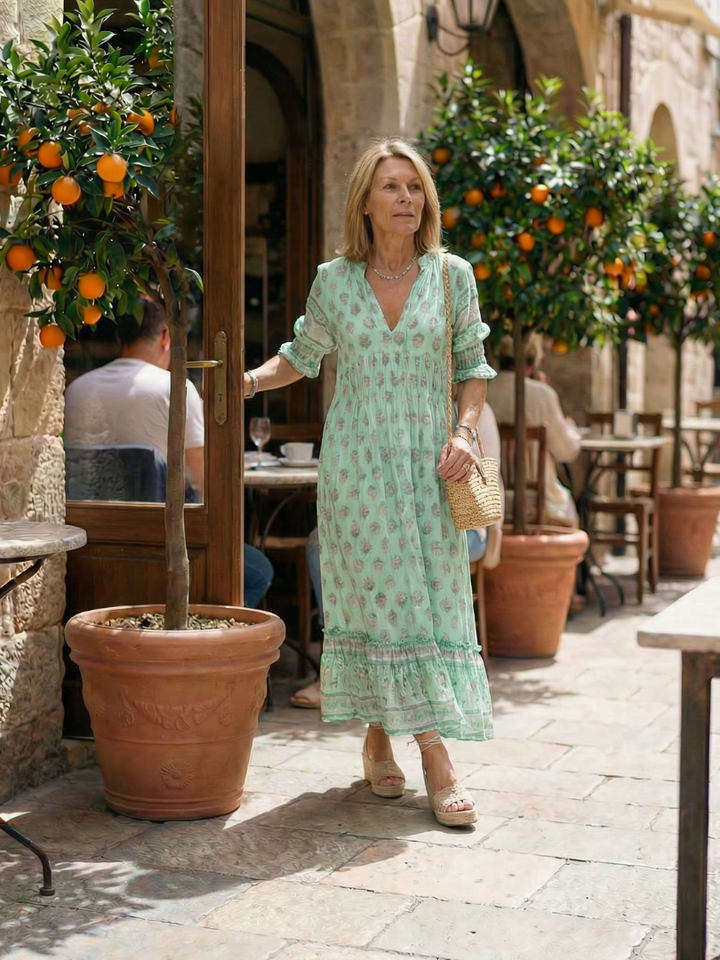 Women's knee-length spring floral dress, comfortable and stylish with 3/4 sleeves. Great for casual outdoor events.