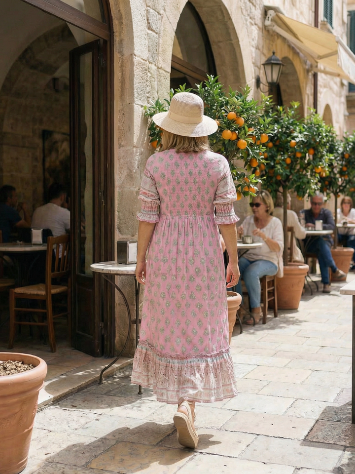 Spring women's floral dress, knee-length, button front, and 3/4 sleeves. Ideal for casual, everyday garden wear.