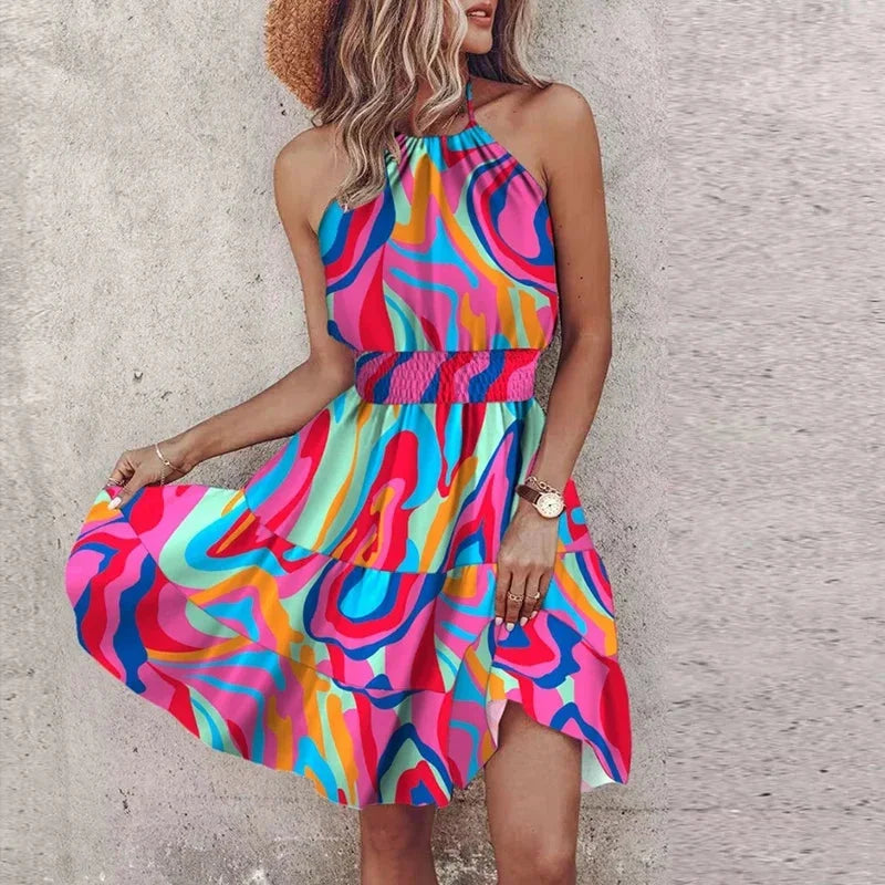 Vibrant floral halter mini dress for women featuring a comfortable smocked waist and a flowing skirt.