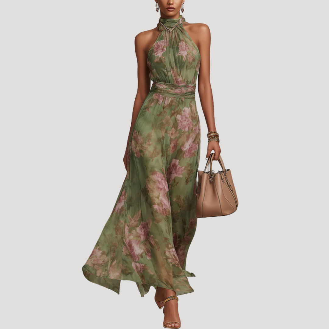 Women's floral halter neck maxi dress, perfect for summer parties & special occasions.