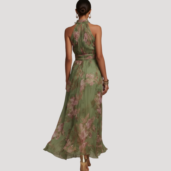Elegant flowy maxi dress with a beautiful floral print and chic halter neck for women.