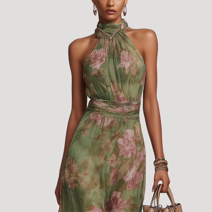 Women's floral halter maxi dress, ideal for wedding guests, parties, or summer events.