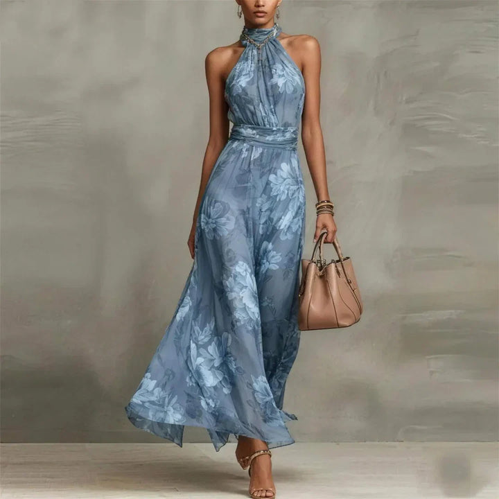Stunning women's floral halter neck maxi dress, a perfect elegant party dress for warm weather.
