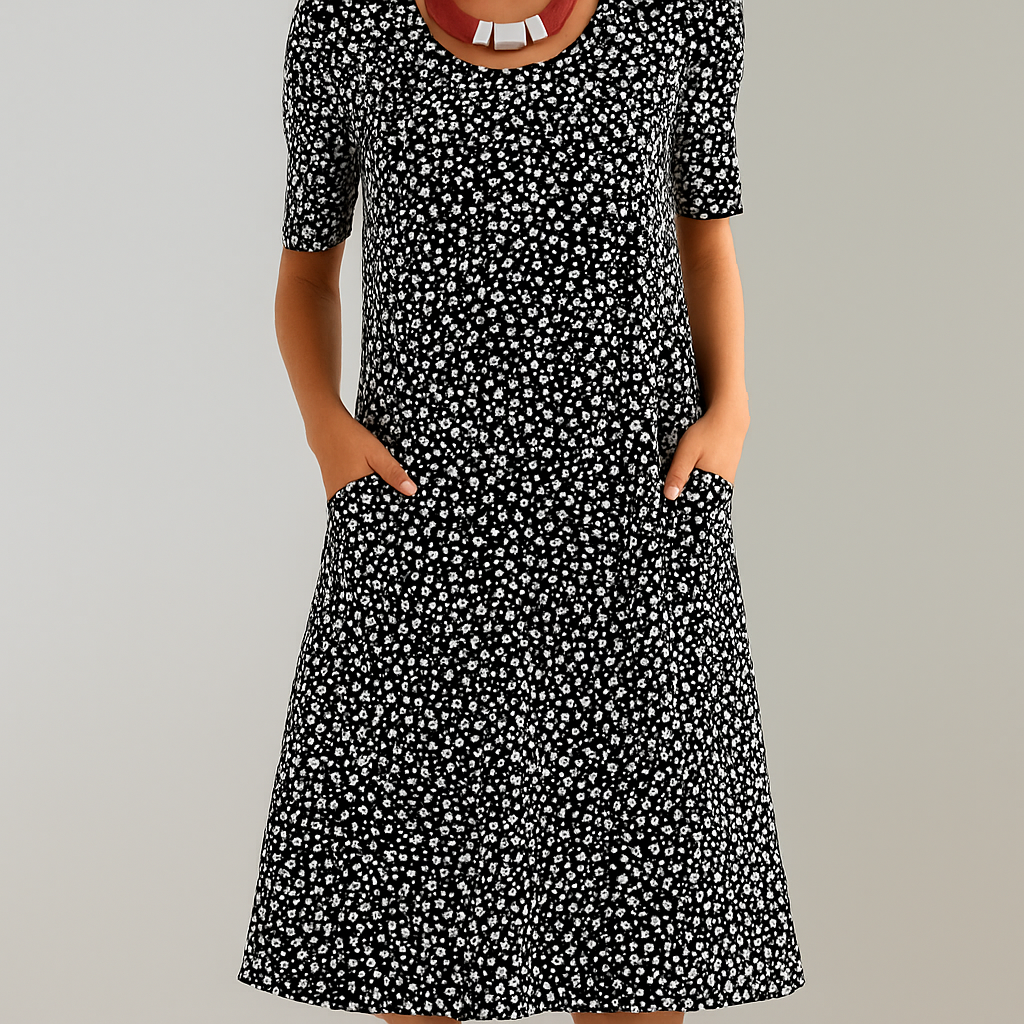 Women's floral high-waist A-line midi dress with pockets, perfect for summer casual wear and comfort.