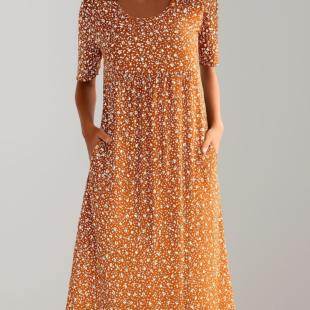 Vibrant floral print women's midi dress with a flattering high-waist A-line silhouette, great for summer style.